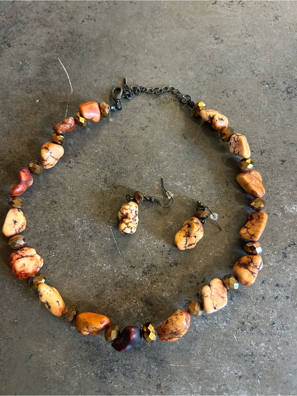 Handcrafted Brown & Tan Stone Bead Necklace with Matching Earrings